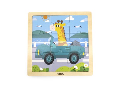 VIGA Poręczne Drewniane Puzzle Żyrafa w aucie 9 elementów