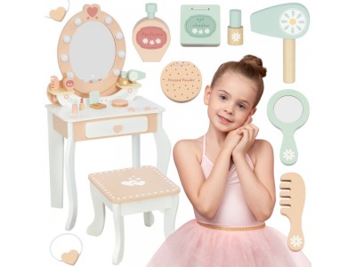 TOOKY TOY Drewniana Toaletka z Krzesełkiem Akcesoria Lustro z Oświetleniem LED + Kosmetyki