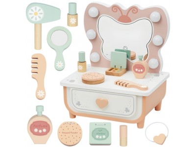 TOOKY TOY Drewniana Toaletka Motyl Akcesoria Lustro z Oświetleniem LED + Kosmetyki
