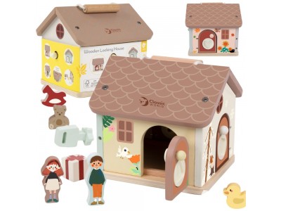 CLASSIC WORLD Drewniany Domek Sensoryczny Edukacyjny z Zamkami Kluczykami 11el.