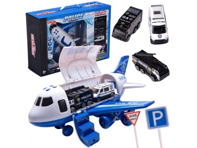 WOOPIE Samolot Rozkładany Transporter Policja z 3 Autami Policyjnymi Zestaw XL Znaki Drogowe