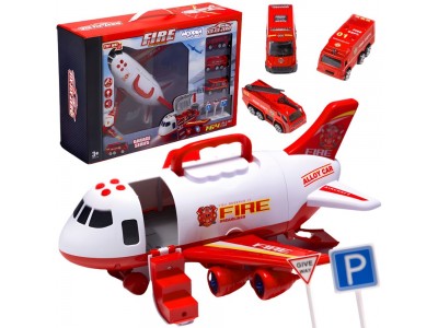 WOOPIE Samolot Rozkładany Transporter Straż Pożarna z 3 Autami Strażackimi Zestaw XL Znaki Drogowe